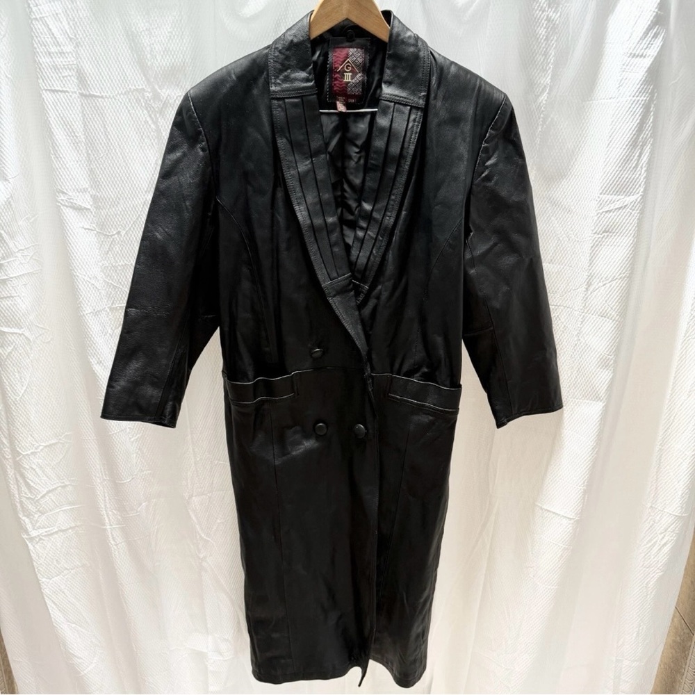 Vintage GIII Leather Jacket Womens Small Duster Car Coat Long Black Jacket